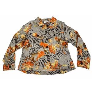 Studio Works Tan Orange Yellow Floral Sequin Cotton Button Up Jacket size Large